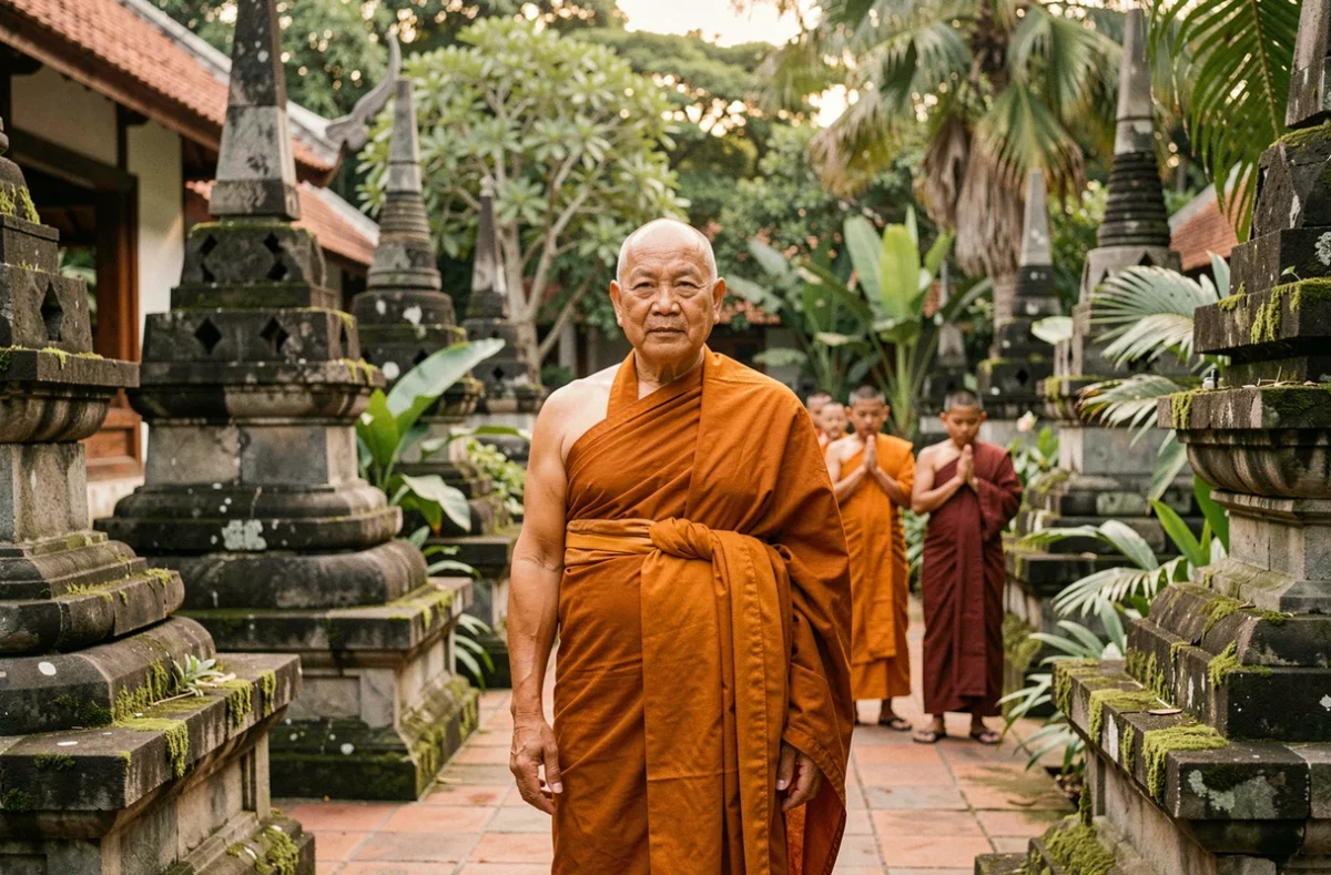 Abbé bouddhiste thaïlandais debout dans la cour d'un monastère entouré de novices en robes safran lui rendant hommage