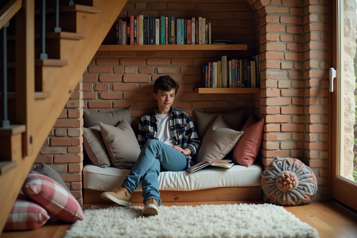 Adolescent dans une niche à livres sous un escalier rustique
