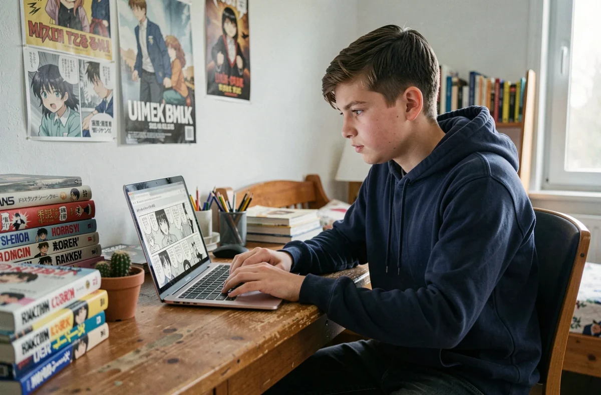 Adolescent lisant des scans manga VF sur un ordinateur portable dans une chambre d'étudiant