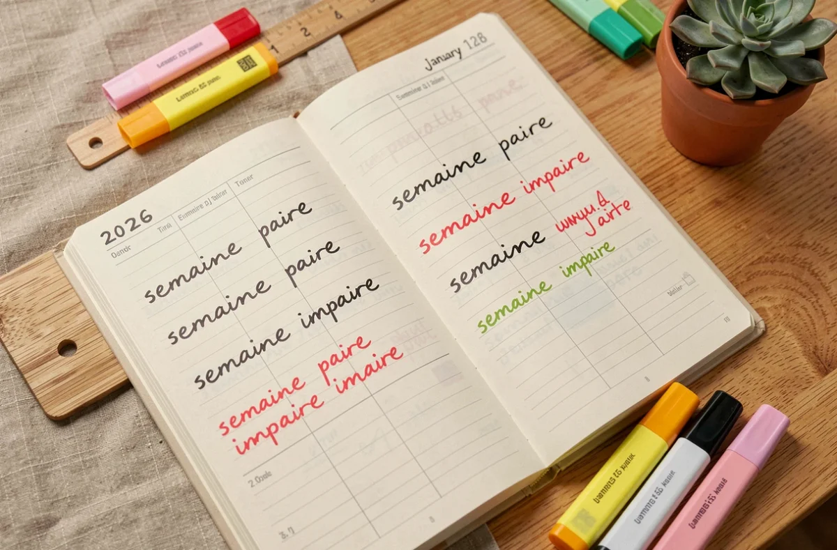 Agenda scolaire ouvert avec annotations manuscrites des semaines paires et impaires du calendrier scolaire 2026