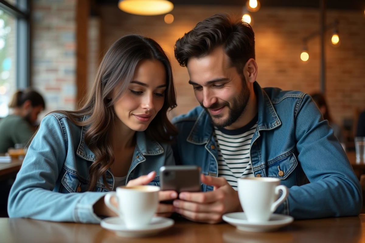 Deux amis dans un café découvrant la liste des spectateurs d'une story Snapchat, questionnant l'anonymat des réseaux sociaux