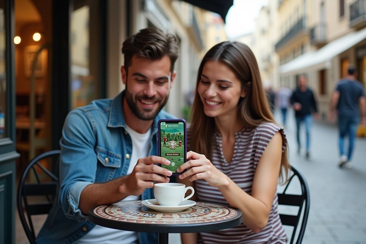 Deux amis consultant un code récompense Monopoly GO Club des magnats dans un café en ville