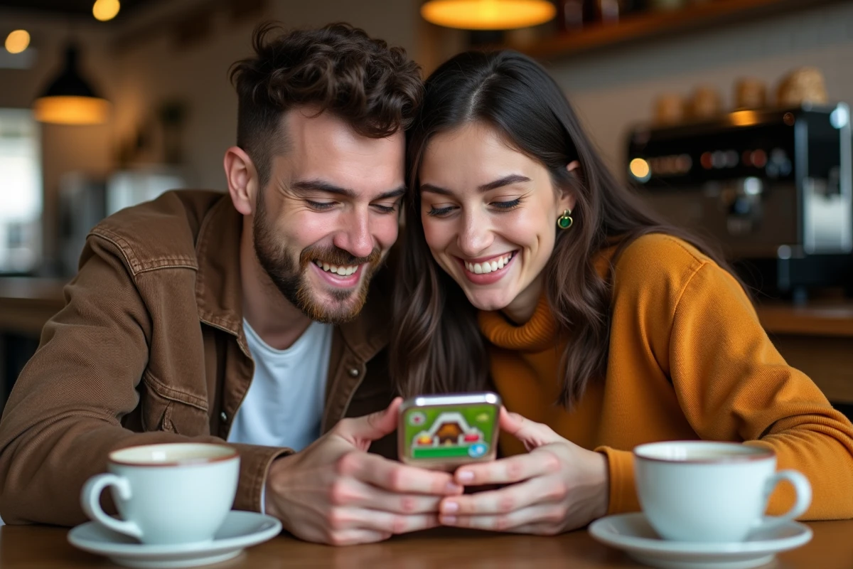 Deux amis discutant ensemble de la meilleure façon de dépenser les diamants dans Hay Day au café