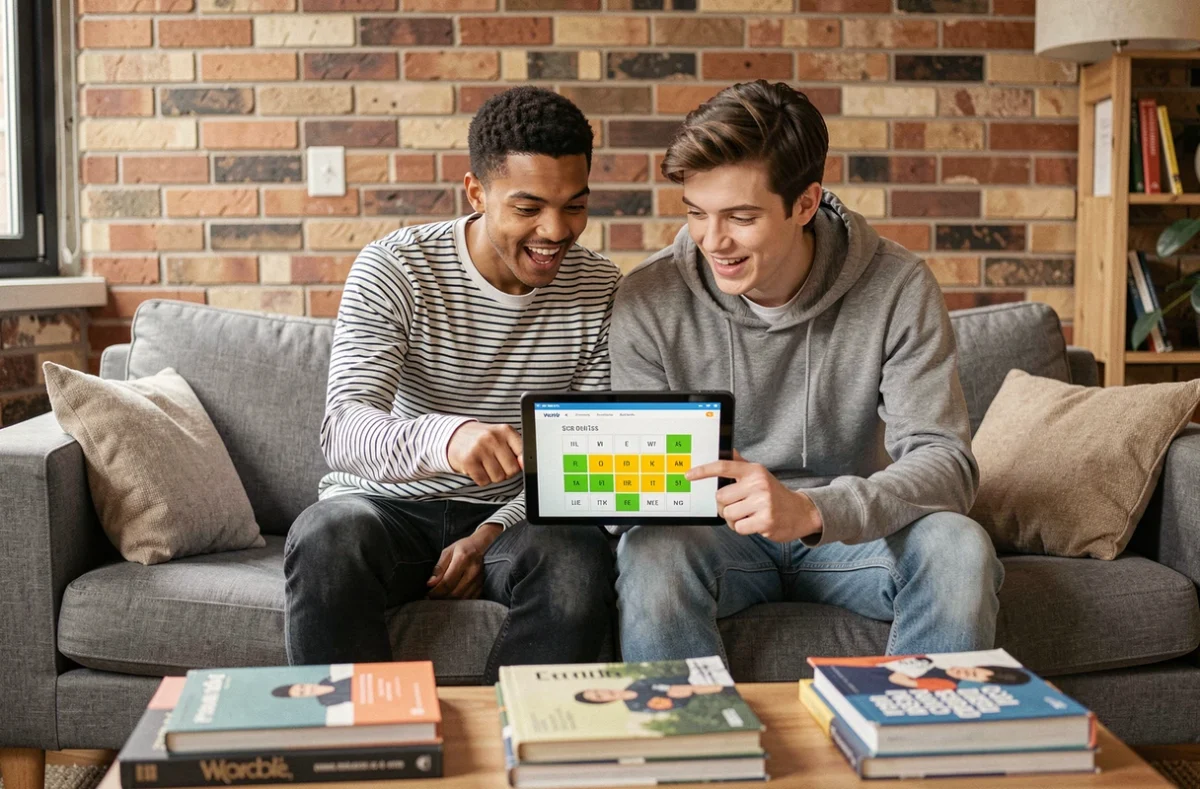 Deux amis partageant l'excitation d'un jeu de mots type Sutom sur tablette dans un salon, illustrant l'aspect social et addictif du jeu