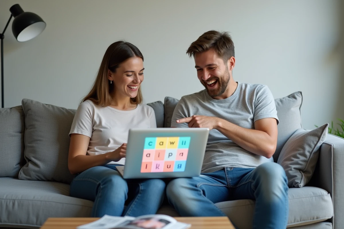 Deux amis jouant ensemble au Wordle sur un ordinateur portable dans un salon, partageant des stratégies pour mieux deviner les mots