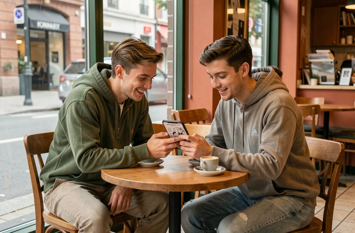 Deux jeunes adultes lisant ensemble un scan manga en version française sur smartphone dans un café