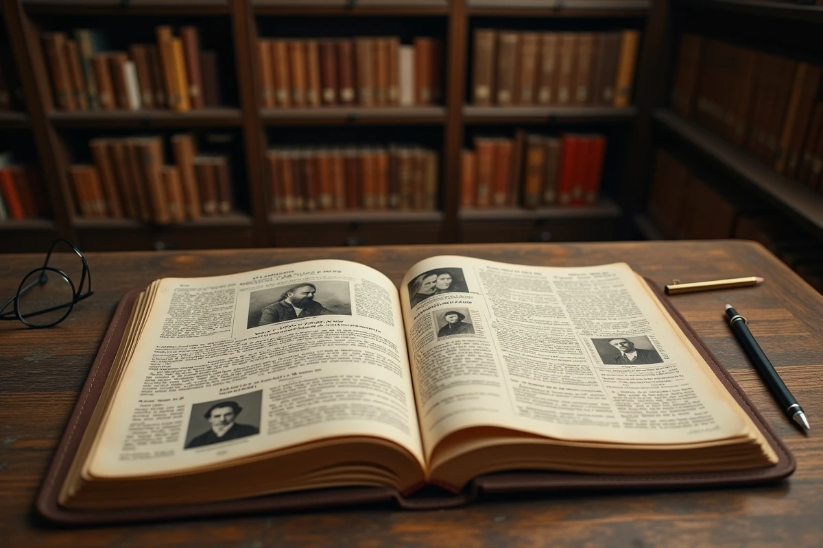 Archives biographiques et documents historiques disposés sur une table de bibliothèque pour illustrer les origines d'une personnalité publique