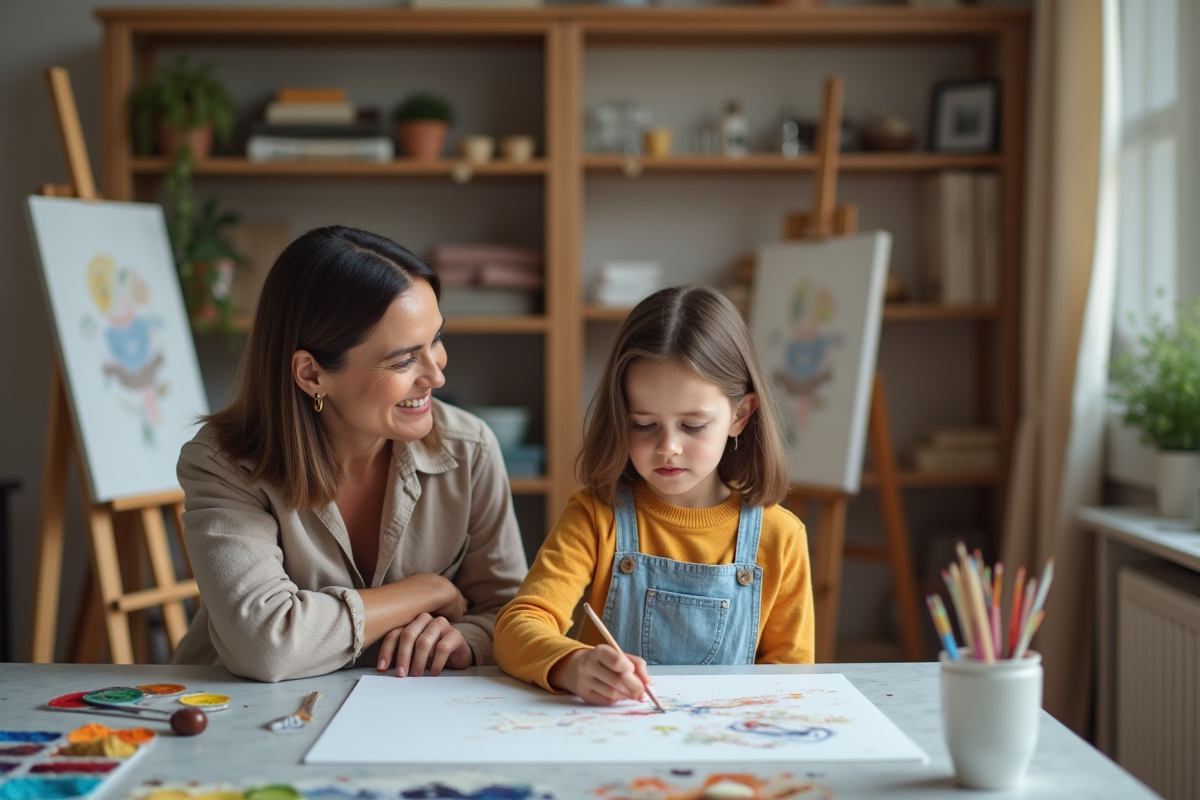 Femme rassurant une fille avec peinture renversée