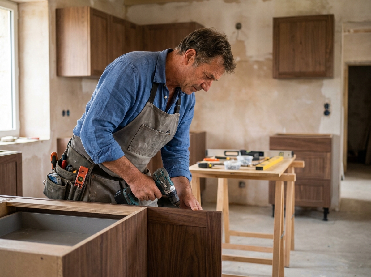 Artisan menuisier installant un meuble de cuisine en noyer sur mesure lors d'un chantier de pose à Vannes