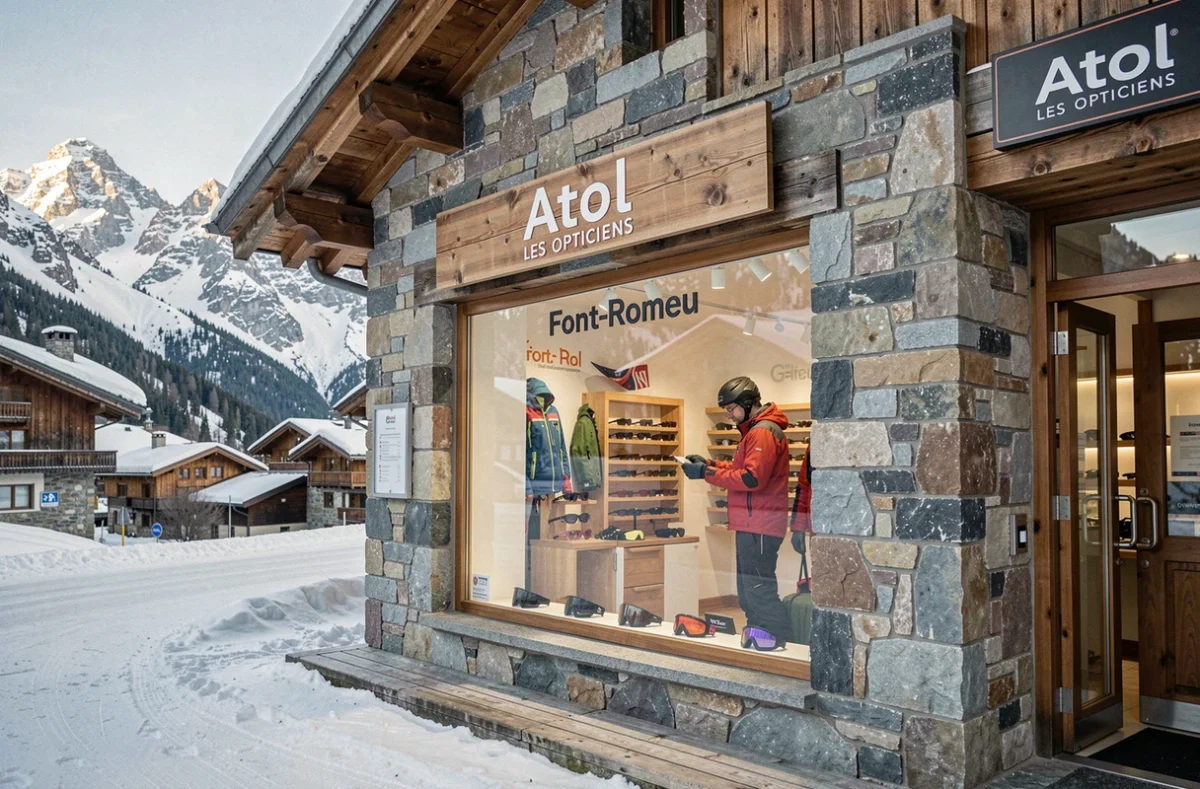 Boutique Atol les Opticiens en altitude à Font-Romeu avec un client en tenue de ski et les sommets enneigés des Pyrénées en arrière-plan