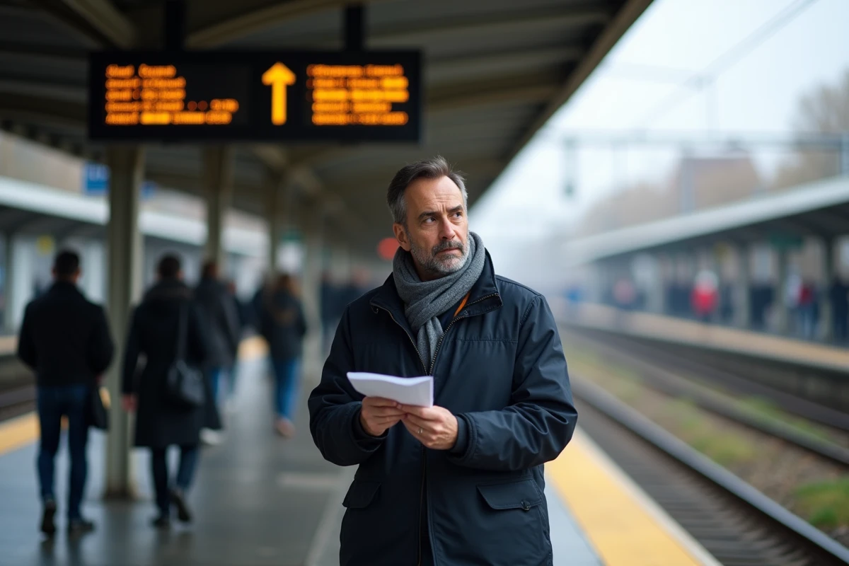 Voyageur attendant un RER sur un quai de gare parisienne en consultant le tableau des départs