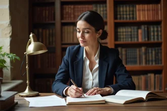 Femme journaliste dans un bureau parisien consultant des archives et documents pour une recherche biographique sur Aurore Malval