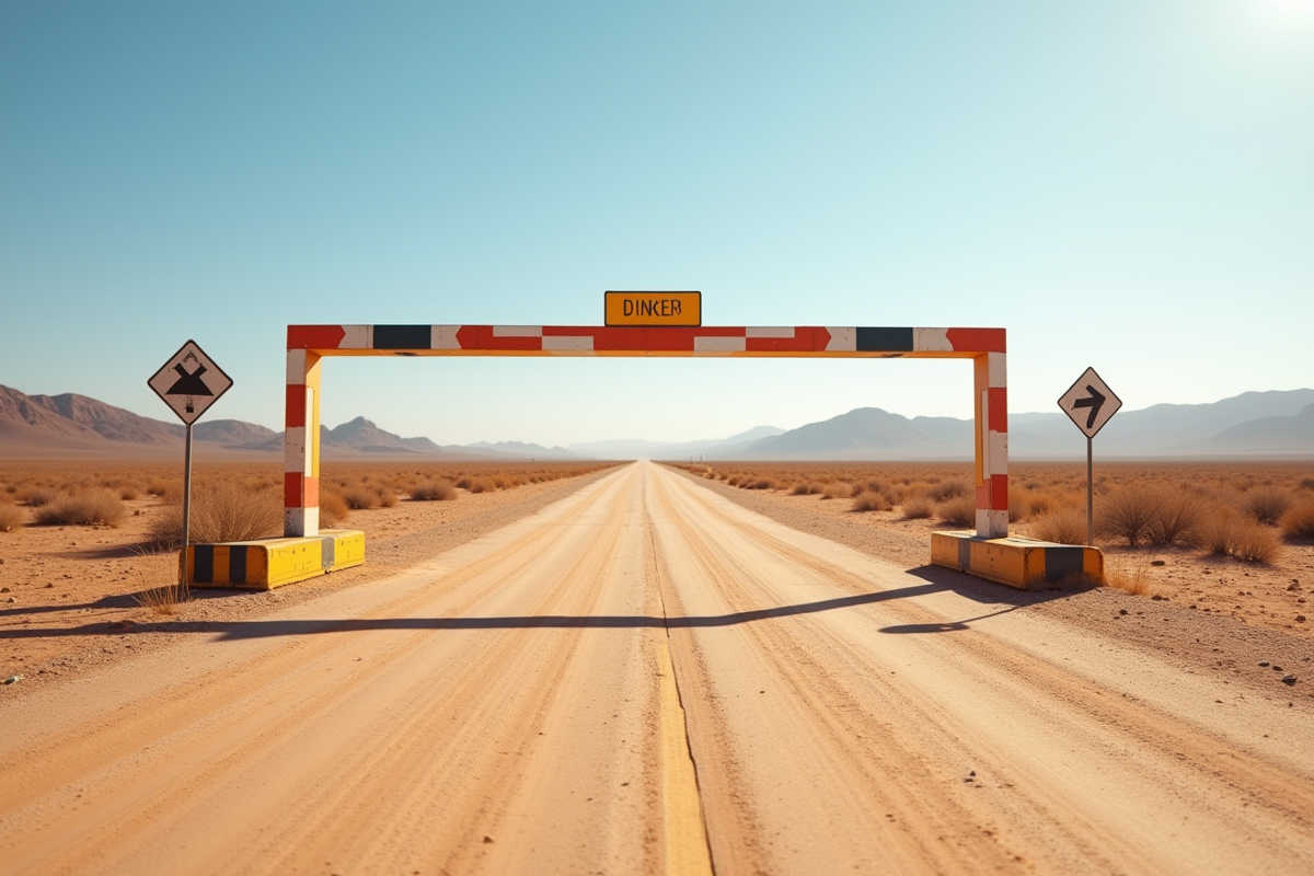 Barriere de contrôle vide sur une route désertique en Namibie