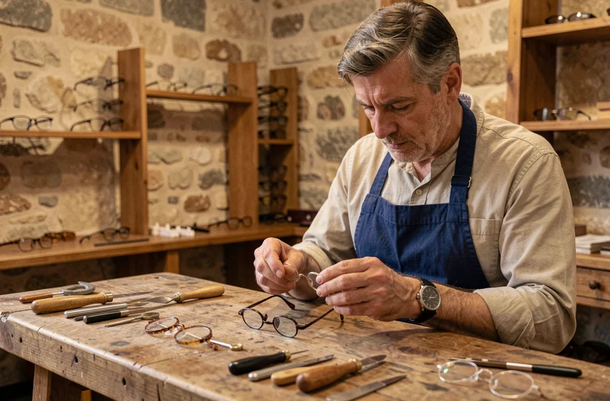 Opticien créateur travaillant à la main sur une monture personnalisée dans son atelier boutique à Perpignan, ambiance artisanale et authentique
