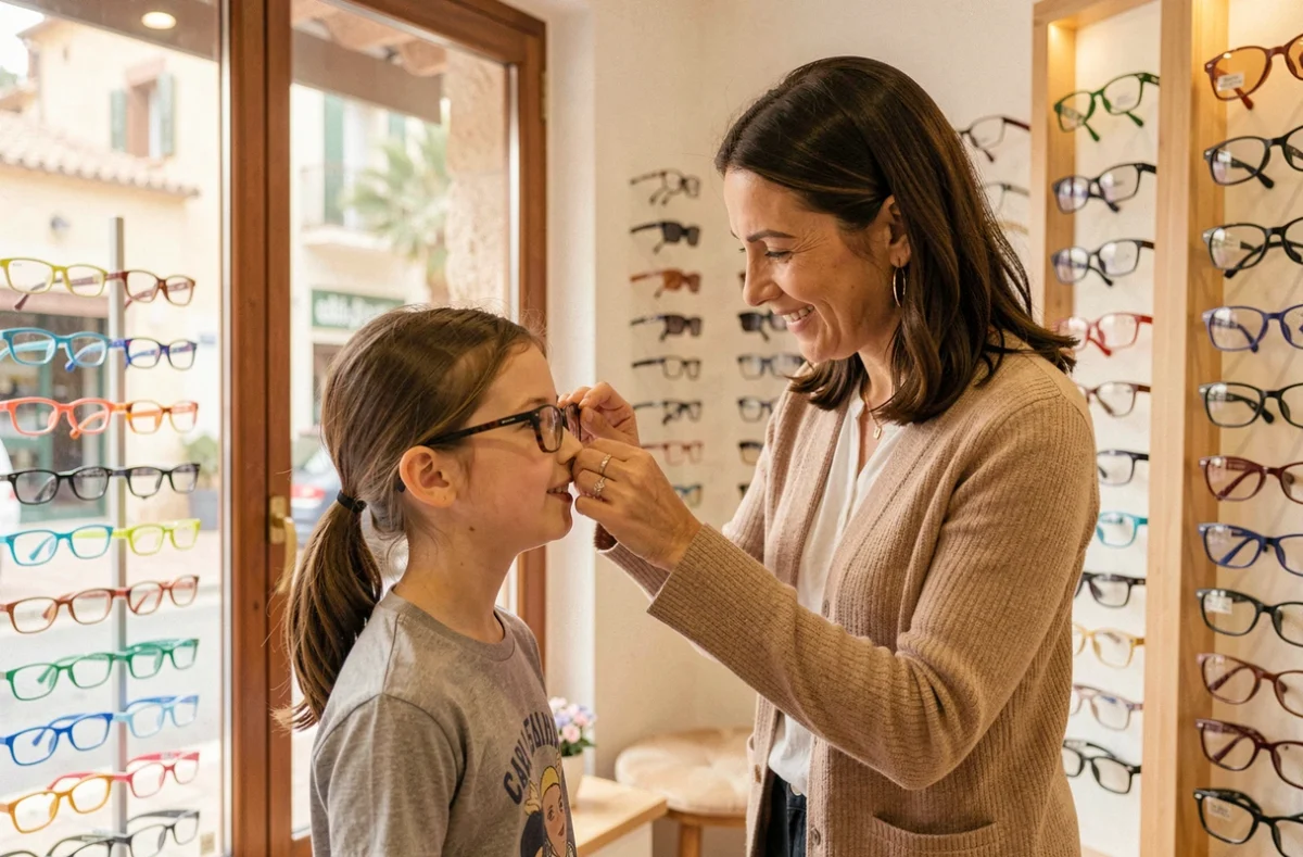 Opticienne de Belles Mirettes à Cabestany ajustant des lunettes sur une jeune cliente dans une boutique colorée et accueillante