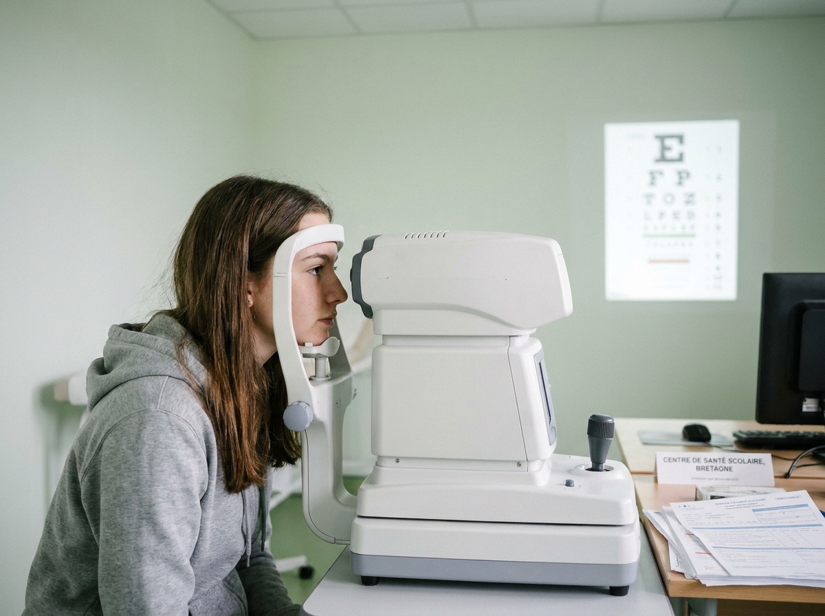 Adolescente passant un bilan visuel chez un opticien ou ophtalmologue en Bretagne