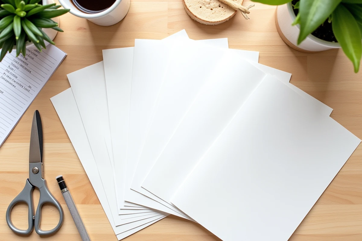 Vue aérienne de bons de réduction imprimés disposés sur un bureau en bois avec ciseaux et organiseur