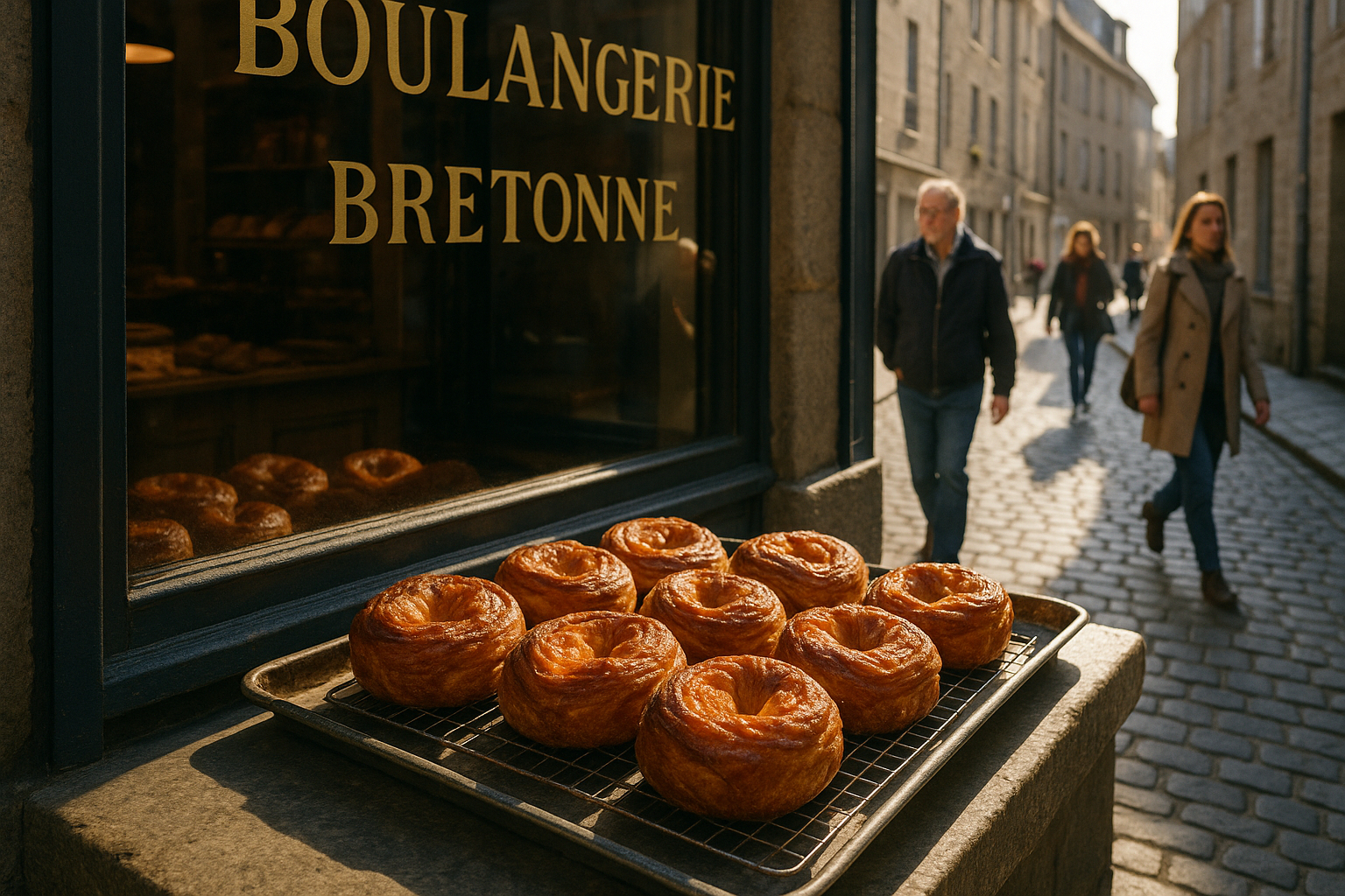 Vitrine d une boulangerie bretonne avec kouign amann frais