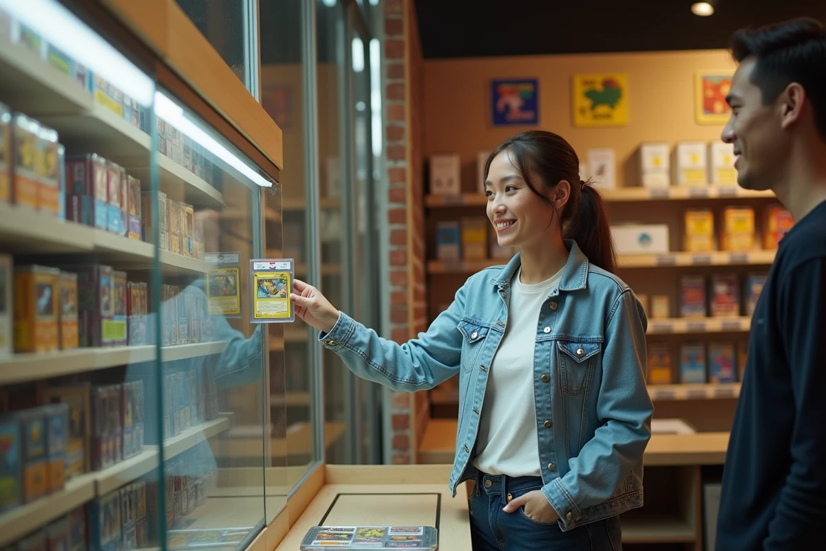 Jeune femme collectionneure dans une boutique de cartes Pokémon spécialisée, désignant une carte Rivalités Destinées gradée PSA dans une vitrine de vente