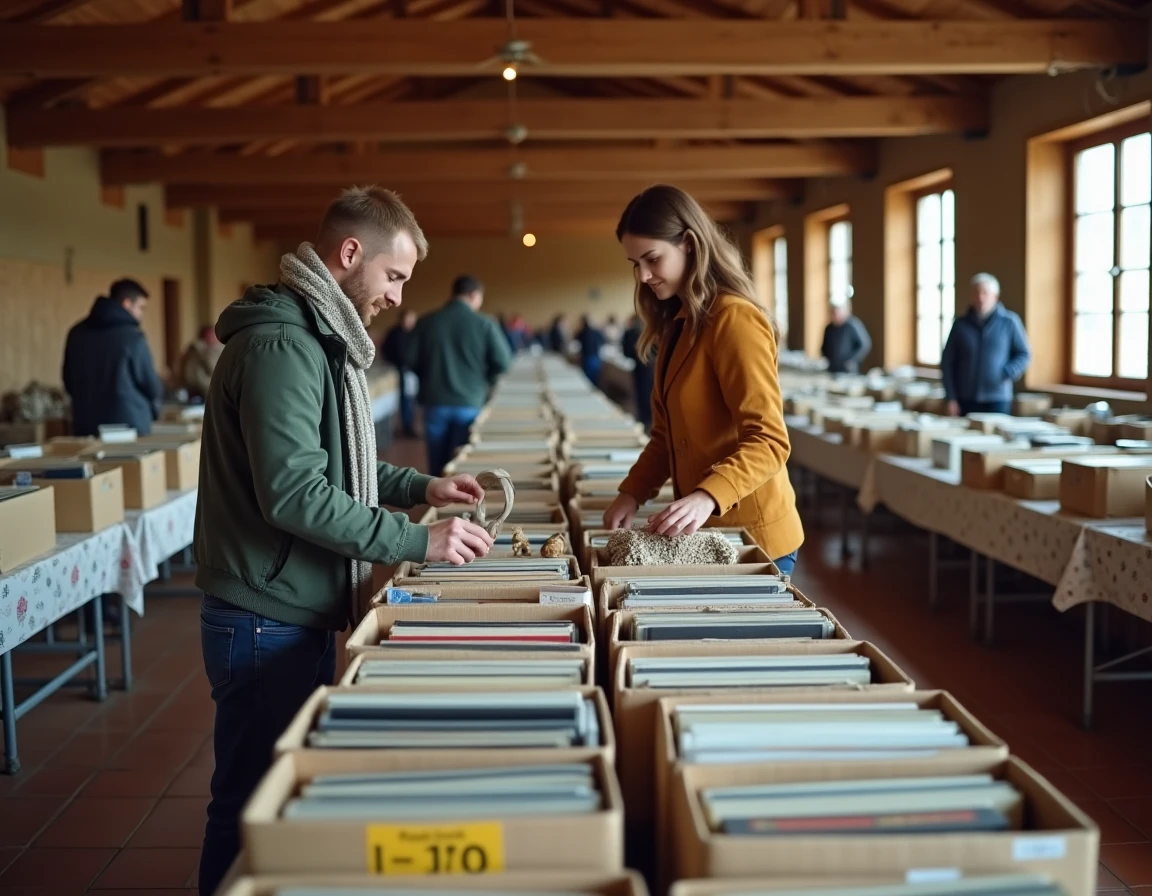 Couple parcourant des livres et objets anciens dans une salle de braderie couverte en Savoie