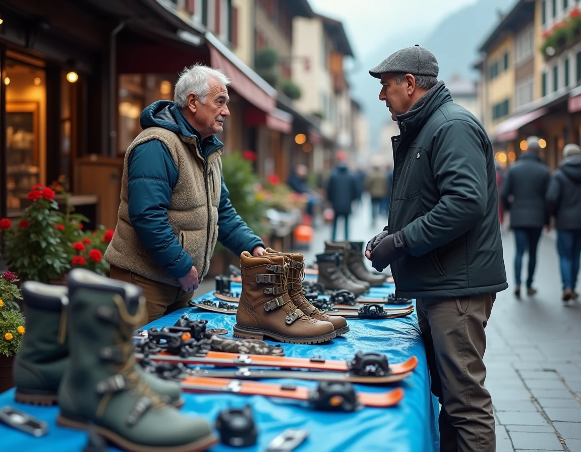 Homme négociant le prix d'équipements de ski lors d'une braderie dans une ville de Savoie