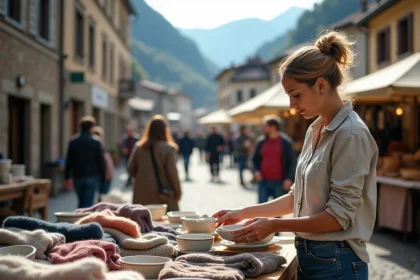 Femme organisant des articles vintage sur une table en bois lors d'une braderie en Savoie