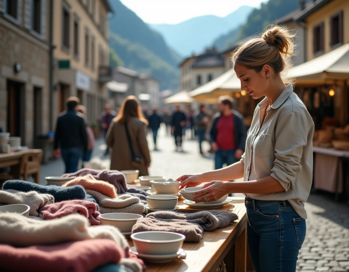 Femme organisant des articles vintage sur une table en bois lors d'une braderie en Savoie