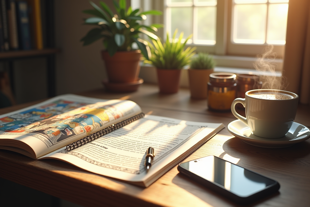 Bureau avec manga open one piece et tasse de cafe