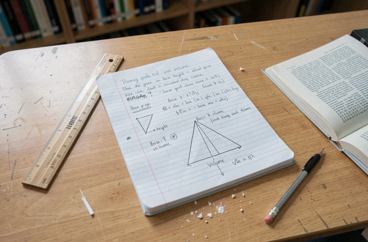 Bureau d'élève avec cahier de géométrie ouvert montrant des formules de volume de triangle et des schémas annotés