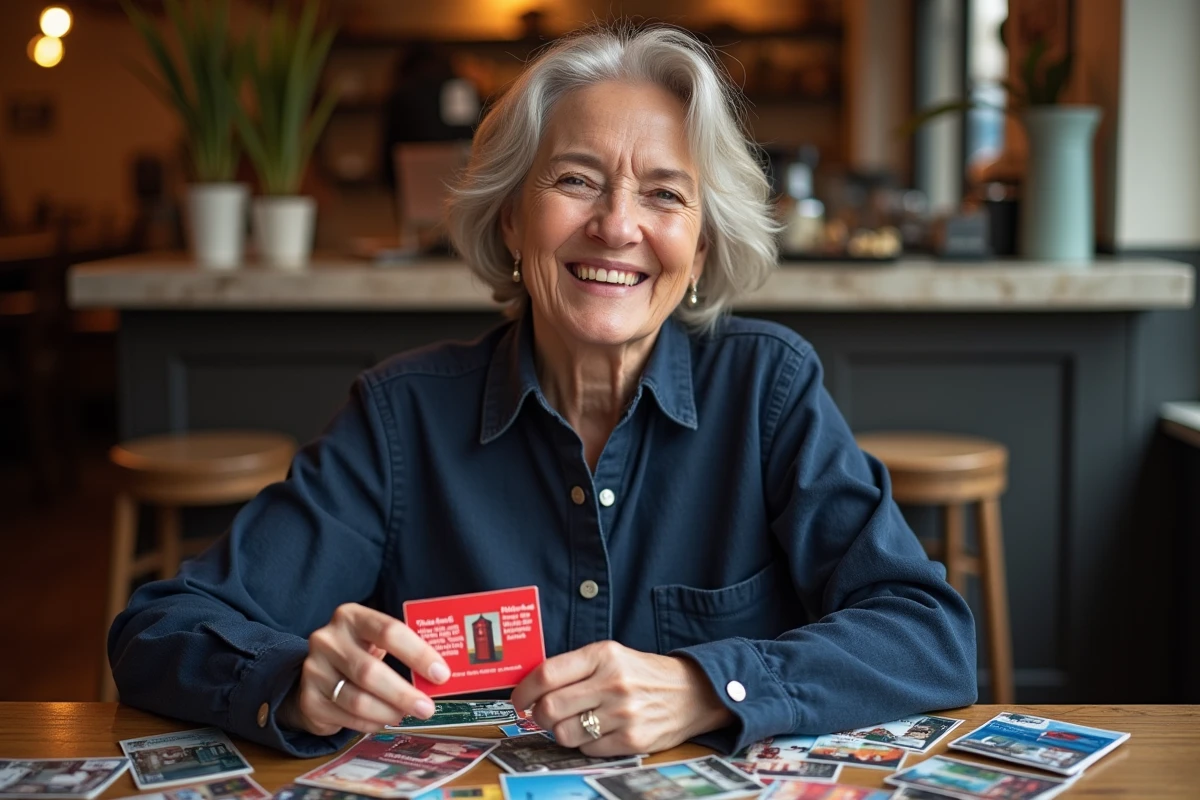 Femme française tenant une carte de cabine téléphonique britannique rouge dans un café parisien entouré de cartes postales internationales