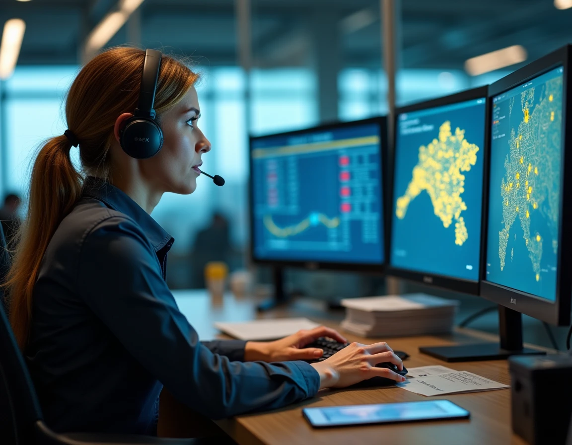 Dispatche use de la Centrale de Taxi des Bouches-du-Rhône avec casque audio devant un écran de gestion de flotte montrant une carte de la région