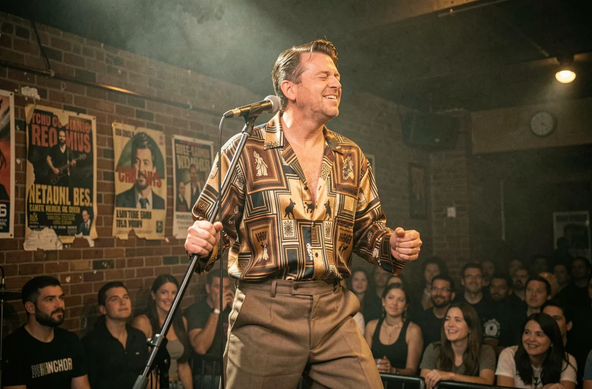 Chanteur américain rock années 70 sur scène dans un club avec chemise en soie vintage et pantalon pattes d'éléphant
