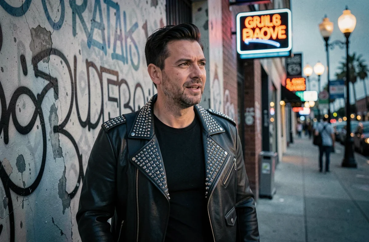 Chanteur pop rock américain années 80 en veste en cuir clouté devant une salle de concert de Los Angeles