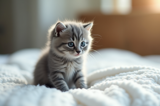Chaton gris doux sur une couverture blanche en lumière naturelle