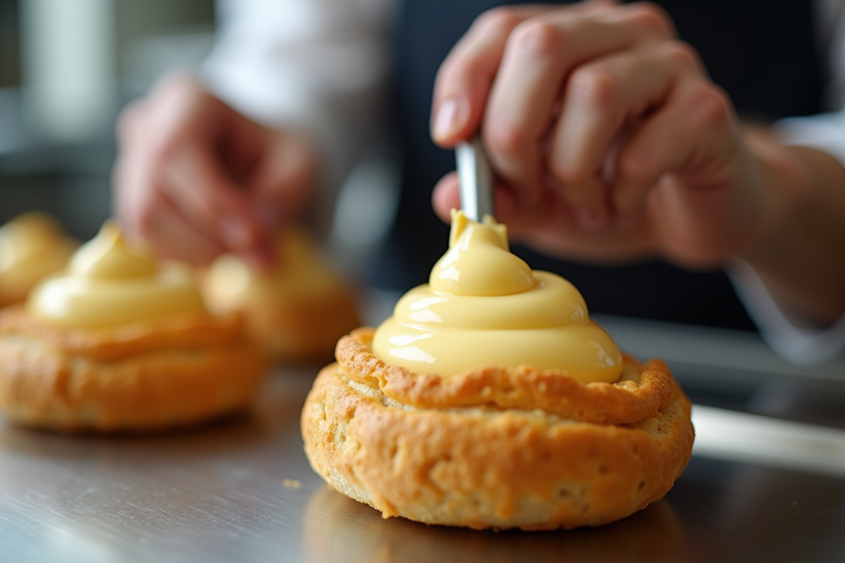 Chef remplissant délicatement des choux à la crème dorés