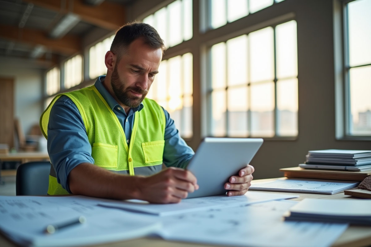 Chef de projet chantier examinant des plans sur une tablette