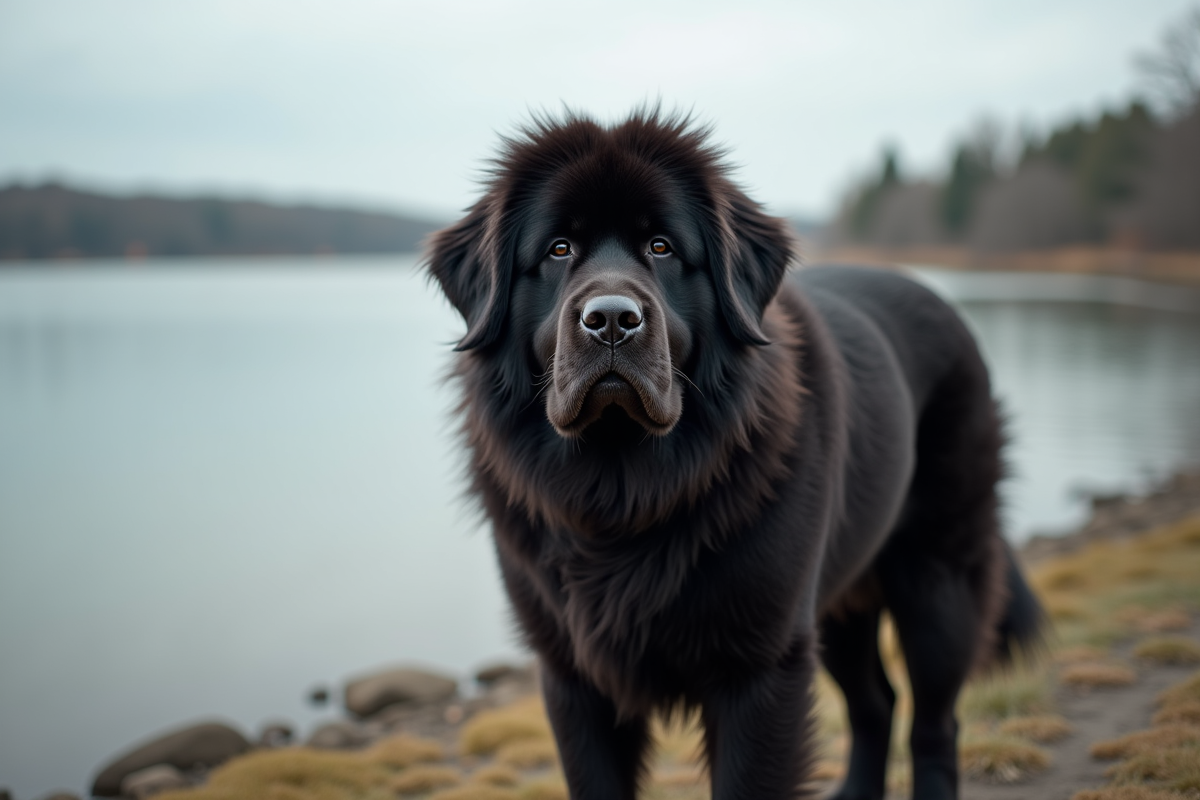 Chien Newfoundland adulte au bord du lac en extérieur