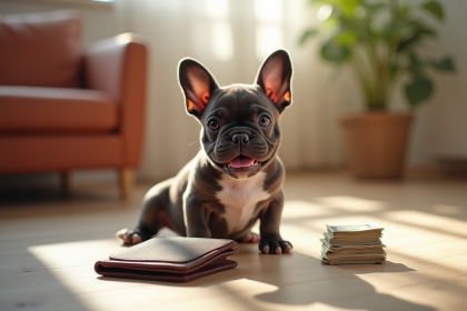 Chiot bulldog francais souriant dans le salon lumineux
