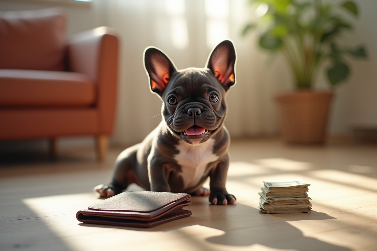 Chiot bulldog francais souriant dans le salon lumineux