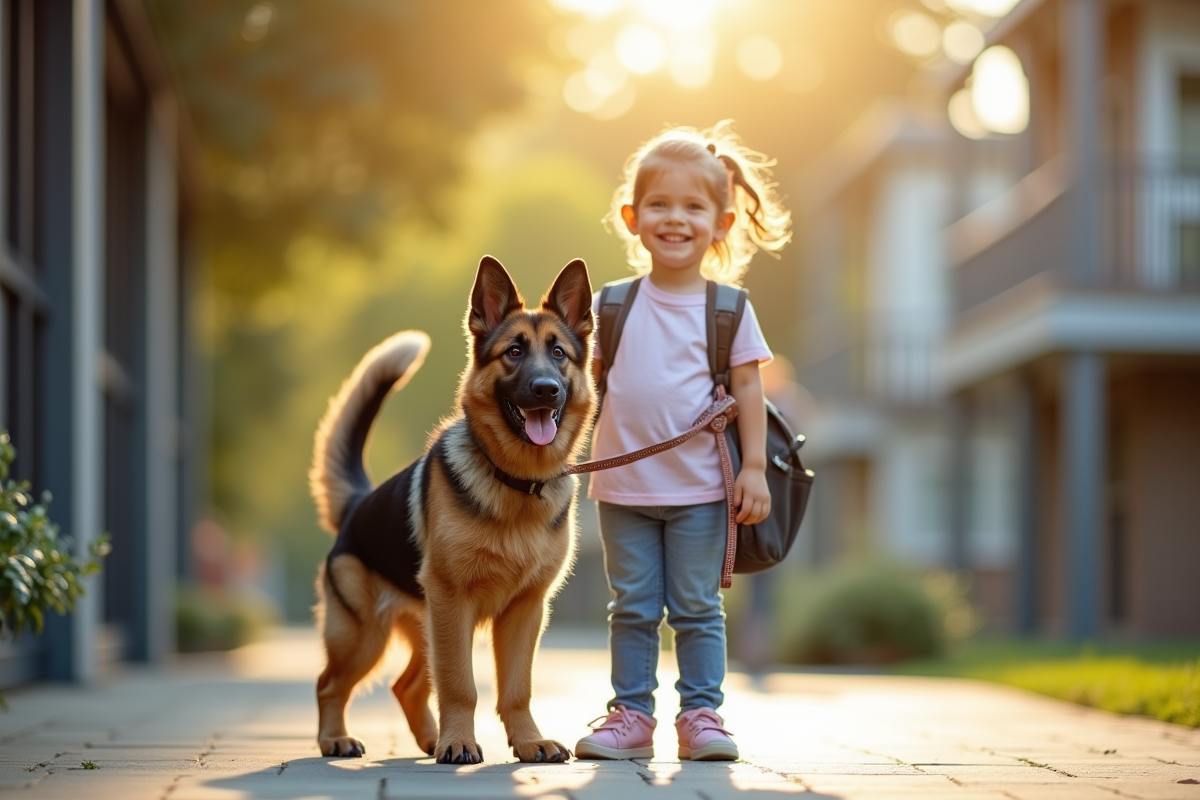 Chiot berger allemand avec un enfant à l'entrée de l'école