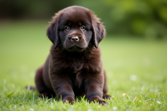 Chiot Newfoundland assis sur l'herbe en plein air