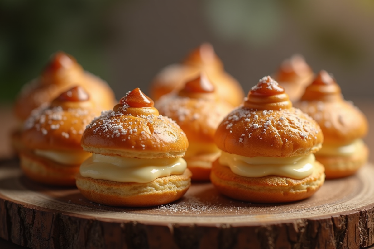 Choux à la crème fraîche disposés sur une table en bois
