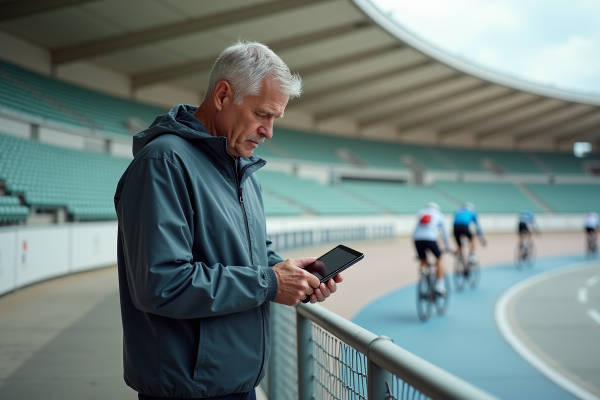 Entraîneur de cyclisme analysant des statistiques sur tablette