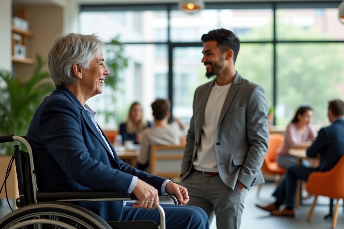 Une femme âgée et un jeune homme en fauteuil dans un espace de travail