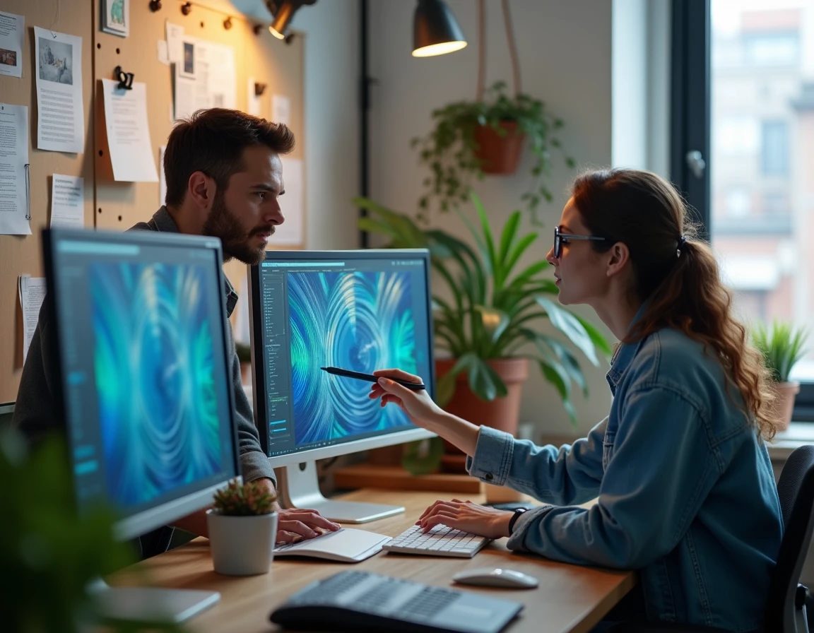 Deux professionnels du VJing collaborant dans un studio créatif moderne, écrans affichant des visuels abstraits en temps réel