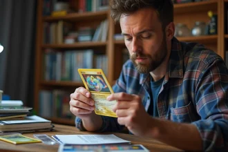 Collectionneur adulte tenant une carte Pokémon holographique Rivalités Destinées en gros plan, examinant sa valeur avec attention dans un bureau de collection organisé