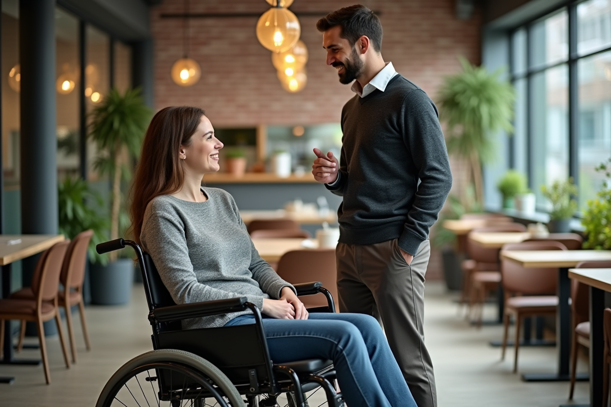Femme en fauteuil discutant avec un collègue au bureau