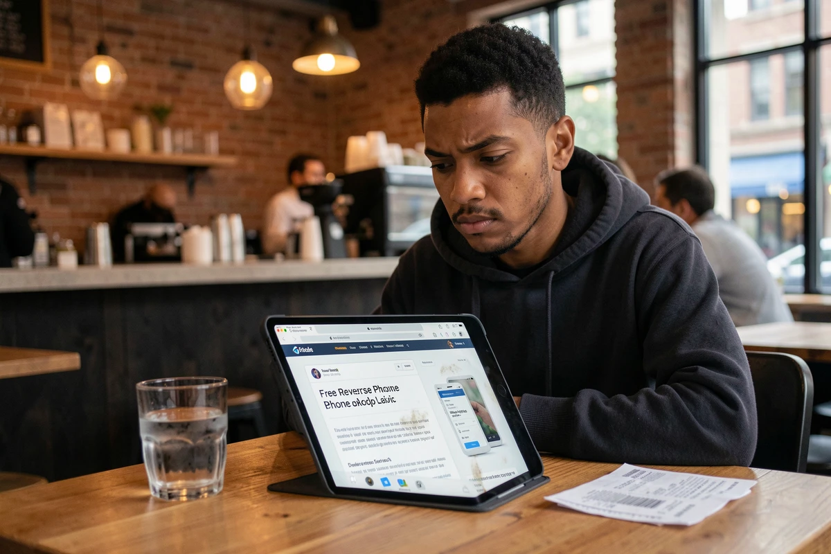 Personne comparant les services gratuits et payants de recherche inversée de numéro dans un café