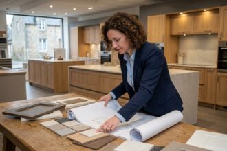 Conceptrice de cuisine sur mesure présentant des échantillons de matériaux dans un showroom de cuisine à Vannes, Bretagne