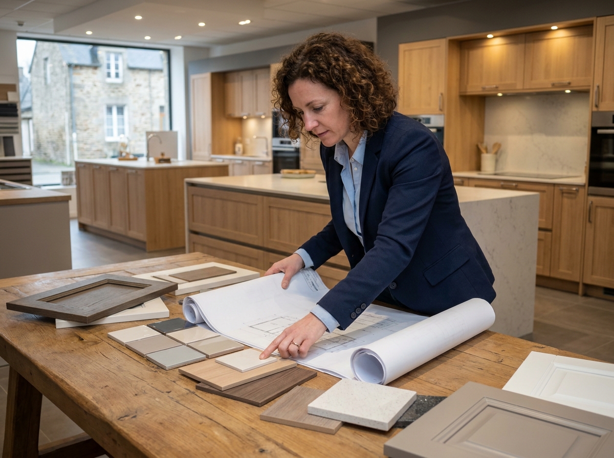Conceptrice de cuisine sur mesure présentant des échantillons de matériaux dans un showroom de cuisine à Vannes, Bretagne